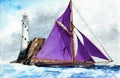 Watercolor illustration of a sailing ship with purple sails Royalty Free Stock Photo