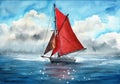 Watercolor illustration of a sailing ship with red sails Royalty Free Stock Photo