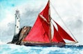 Watercolor illustration of a sailing ship with scarlet sails Royalty Free Stock Photo