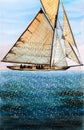 Watercolor illustration of sailing ship in turquoise sparkling sea