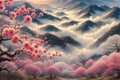 Watercolor illustration of sakura blossoms in spring season. Cherry pink petals against fogy Royalty Free Stock Photo