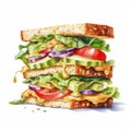 Watercolor illustration of a sandwich with cheese, tomato, cucumber, onion and lettuce