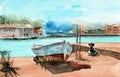 Watercolor illustration of a sandy beach with a blue fishing boat Royalty Free Stock Photo