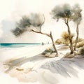 Watercolor illustration of a sandy beach on the island of Crete
