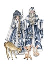 Watercolor illustration of Santa Claus with Christmas stick in blue coat with white ornament, Snow Maiden in blue dress and baby