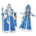 Watercolor illustration of Santa Claus with Christmas stick,long white beard and stick in hands in blue coat with white ornament