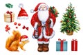 watercolor illustration, santa claus, christmas tree, gifts isolated on white background Royalty Free Stock Photo