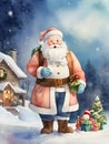Watercolor illustration of Santa Claus with gifts in the snowy village Royalty Free Stock Photo