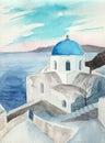 Watercolor illustration of a Santorini view