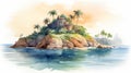 Watercolor Illustration Of Saudi Arabian Island With Castle And Palm Trees