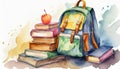 Watercolor illustration of school backpack, stack of books on white background. Back to school Royalty Free Stock Photo