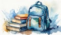 Watercolor illustration of school backpack, stack of books on white background. Back to school Royalty Free Stock Photo