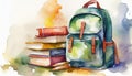 Watercolor illustration of school backpack, stack of books on white background. Back to school Royalty Free Stock Photo