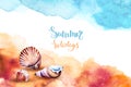 Watercolor illustration of a sea shells on a beach. Royalty Free Stock Photo