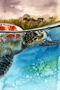 Watercolor illustration of a sea turtle swimming under a turquoise wave Royalty Free Stock Photo