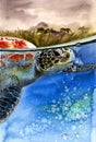 Watercolor illustration of a sea turtle swimming under a turquoise wave Royalty Free Stock Photo