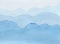 Watercolor illustration of sea waves. Blue wavy abstract background hand-drawn.