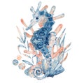 Watercolor illustration of seahorse in blue color with floral composition isolated on white background Royalty Free Stock Photo