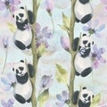 Watercolor illustration of a seamless drawing of a baby panda crawling on a tree with delicate lilac. Cute, childish