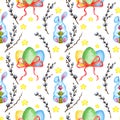 Watercolor illustration seamless easter pattern blue bunny, painted eggs, bow, webra branches and stars. Royalty Free Stock Photo