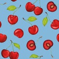 watercolor illustration seamless pattern adorned with plump, succulent cherries. Blue background for kitchen decor
