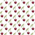 Watercolor illustration of a seamless pattern with a berry cherry and leaves on a white background.