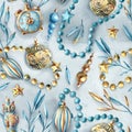 Watercolor seamless pattern of blue and gold christmas tree toy, ball, star, owl, beads, branch on white background Royalty Free Stock Photo