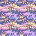 Watercolor illustration. Seamless pattern with bright rainbow clouds, unicorns and stars.