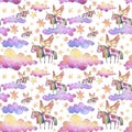 Watercolor illustration. Seamless pattern with bright rainbow clouds, unicorns and stars.