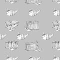 WATERCOLOR ILLUSTRATION SEAMLESS PATTERN CHEERFUL PIRATE FISH IN A HAT,AN OLD CHEST AND AN ANCHOR ON A DARK BACKGROUND