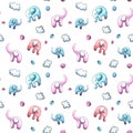 watercolor illustration, seamless pattern for children's textiles, Wallpaper. toy blue and pink elephants. isolated