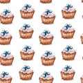 Watercolor illustration of seamless pattern cupcake with blueberry