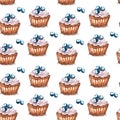 Watercolor illustration of seamless pattern cupcake with blueberry