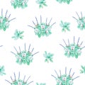 Watercolor illustration, seamless pattern with a delicate bouquet, cotton, green twigs.