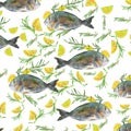 Watercolor seamless pattern fish Sea dorado cooked with slice of lemon and rosemary