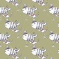 WATERCOLOR ILLUSTRATION SEAMLESS PATTERN FUNNY FISH PIRATE WEARING A HAT,SEA ANCHOR FOR WALLPAPER AND FABRIC