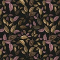 Watercolor illustration of a seamless pattern of leaves on a dark background Royalty Free Stock Photo