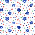 Watercolor illustration, seamless pattern with simple flowers and dots. Cute children`s drawing. Royalty Free Stock Photo