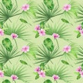 Watercolor illustration seamless pattern of tropical leaves and flower hibiscus. Perfect as background texture, wrapping paper, Royalty Free Stock Photo