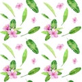 Watercolor illustration seamless pattern of tropical leaves and flower hibiscus. Perfect as background texture, wrapping paper, Royalty Free Stock Photo