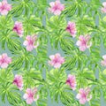 Watercolor illustration seamless pattern of tropical leaves and flower hibiscus. Perfect as background texture, wrapping paper, Royalty Free Stock Photo