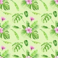 Watercolor illustration seamless pattern of tropical leaves and flower hibiscus. Perfect as background texture, wrapping paper, Royalty Free Stock Photo