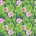 Watercolor illustration seamless pattern of tropical leaves and flower hibiscus. Perfect as background texture, wrapping paper, Royalty Free Stock Photo