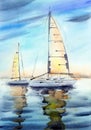 Watercolor illustration of a seascape with two white sailing yachts on a blue sea Royalty Free Stock Photo