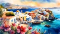 Watercolor illustration, seaside landscape of old Italy (Greece) with houses and fishing boats,