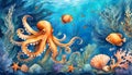 Watercolor illustration of seaweed and underwater fantastic fish, seashells, octopus in the depths of the ocean.