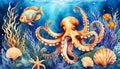 Watercolor illustration of seaweed and underwater fantastic fish, seashells, octopus in the depths of the ocean.