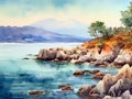 watercolor painting of ocean view with distant islands