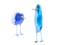 Watercolor illustration of serious and funny abstract birds, childish, set. Printing, design elements. Isolated on white