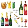 Watercolor illustration of a set of alcoholic drinks. A mug of beer, a glass of beer, a can of beer. Green bottle of wine, red Royalty Free Stock Photo